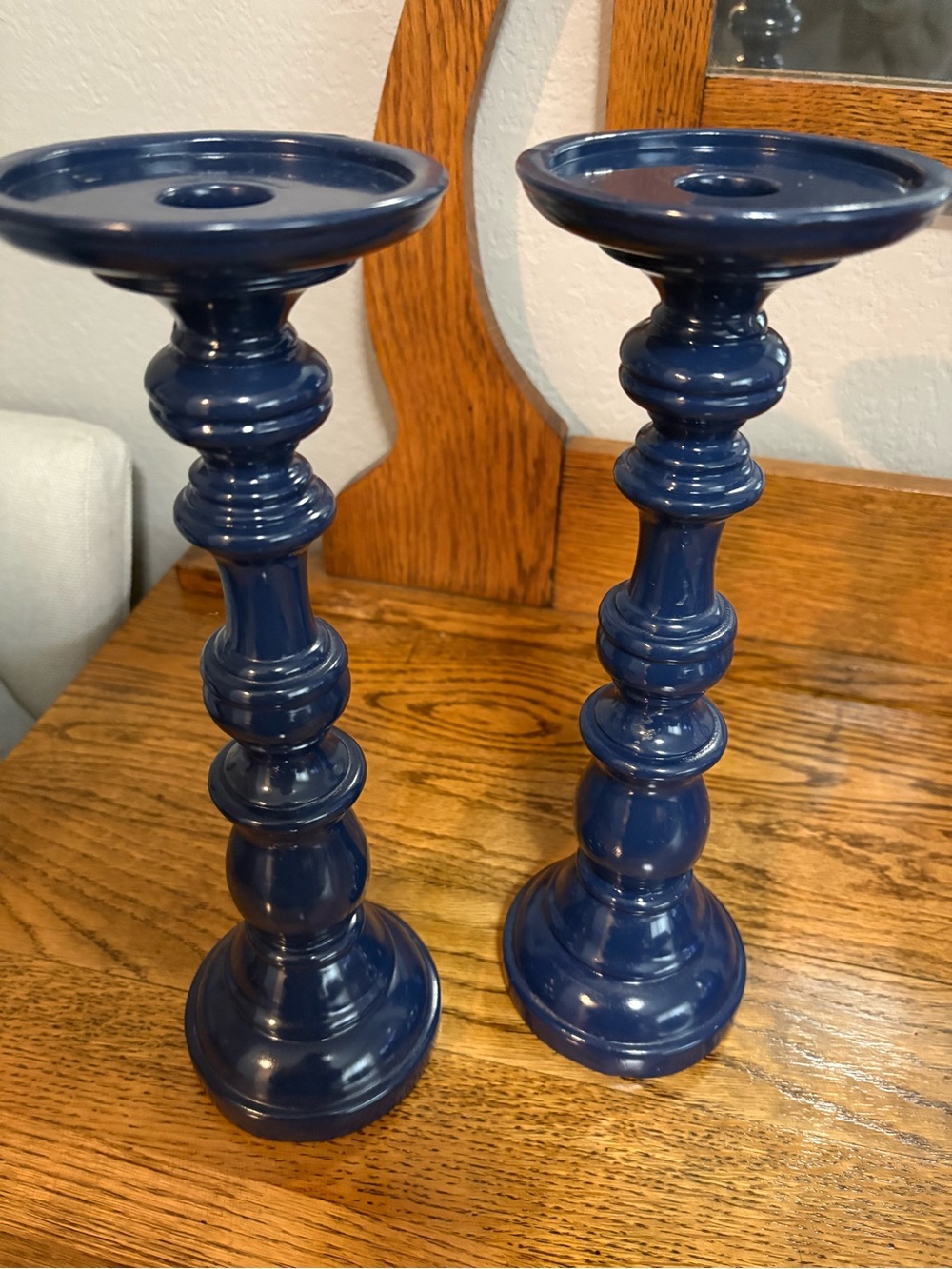 Glossy Navy Blue Turned Wood Candlestick Pair